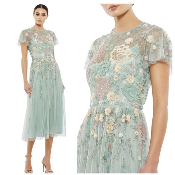 Mac Duggal Seafoam Green 9134 Floral Midi Sequin Beaded Dress Size 6